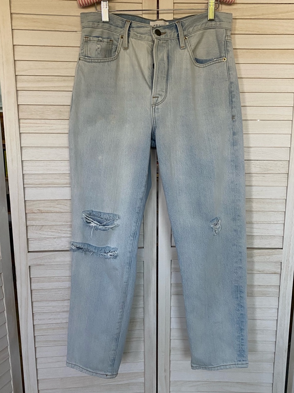 Frame Denim Light Blue Straight Leg Distressed Button Fly Jeans SZ 28 - Picture 2 of 14